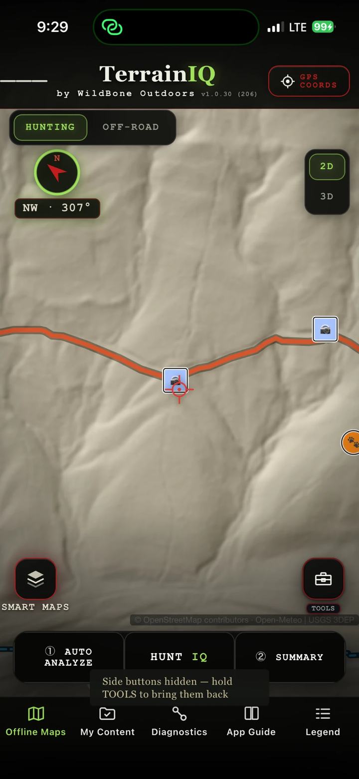 LiDAR bare-earth map with two camera pins along a road