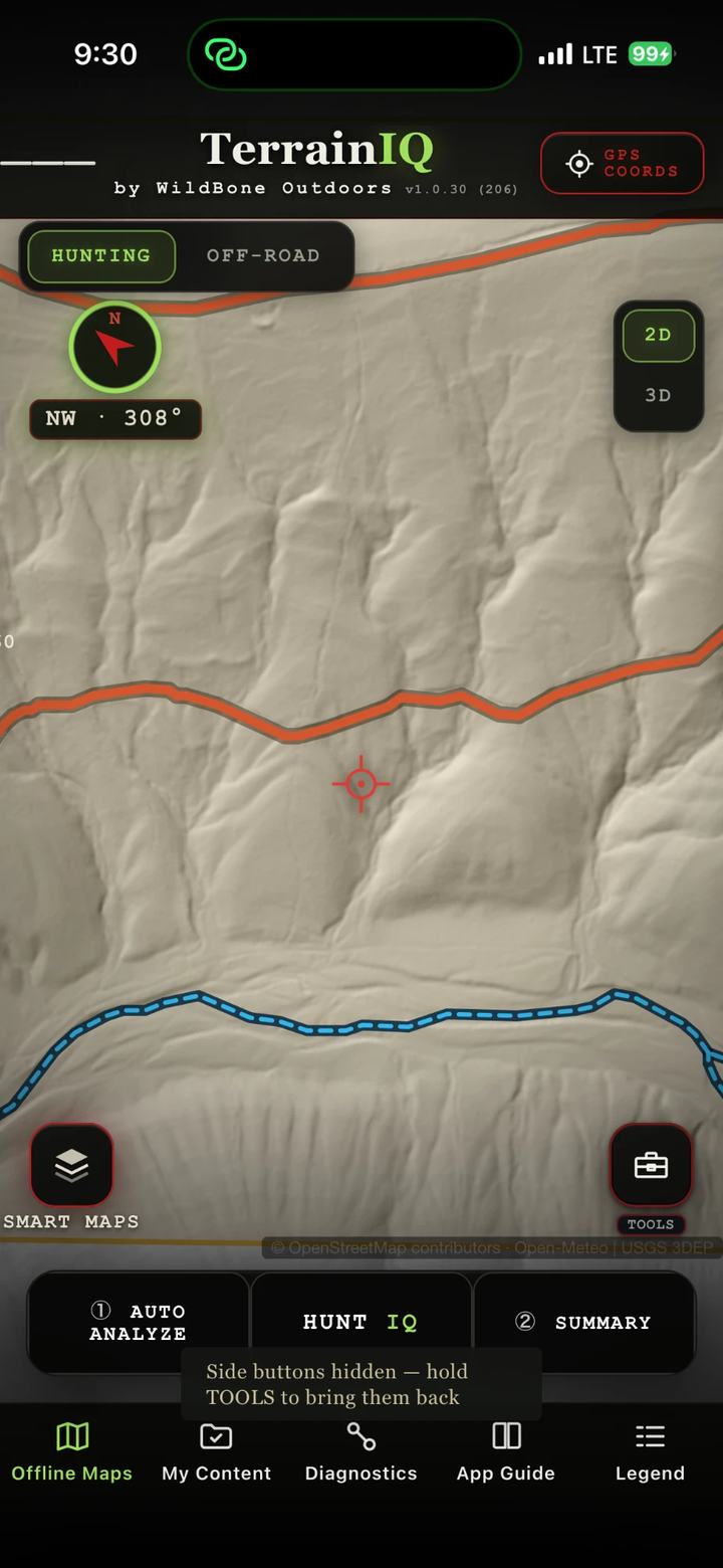 TerrainIQ LiDAR bare-earth map showing draws and benches, a road in orange and a creek in blue