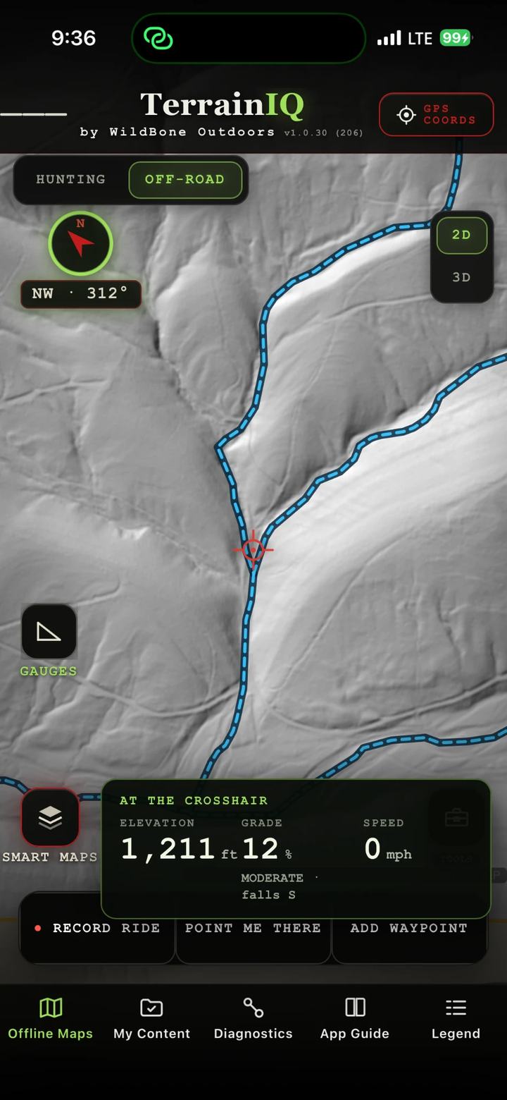 Off-road on LiDAR bare earth with the At the Crosshair gauge: elevation 1,211 feet, grade 12 percent, moderate, falls south