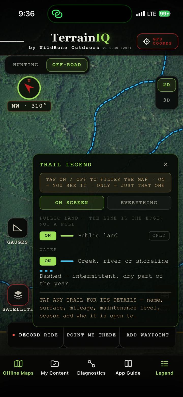 Trail legend over satellite: tap any trail for its details, name, surface, mileage, maintenance level, season and who it is open to