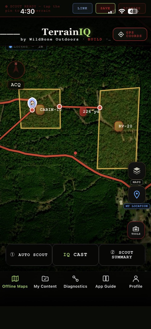 Saved offline map with two marked property areas, a cabin pin, an RV pin and a measured 226 yard line