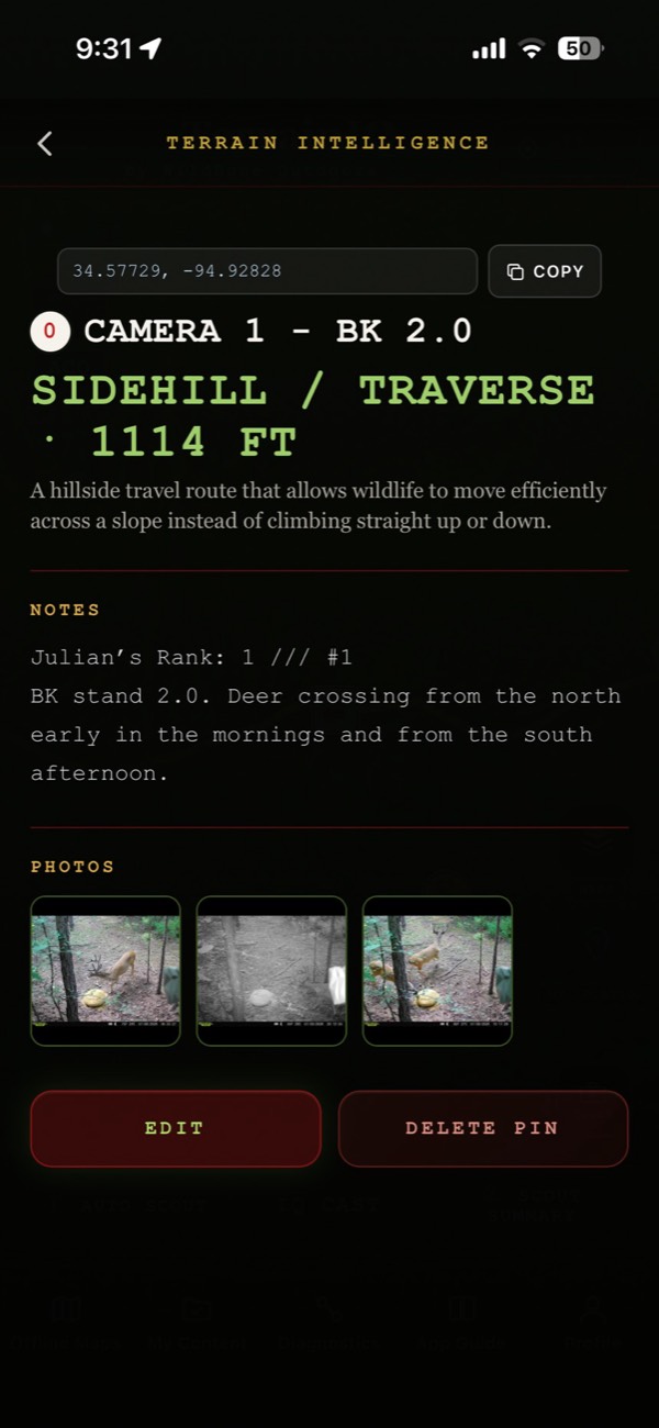 A camera pin with the owner's notes and three trail camera photos