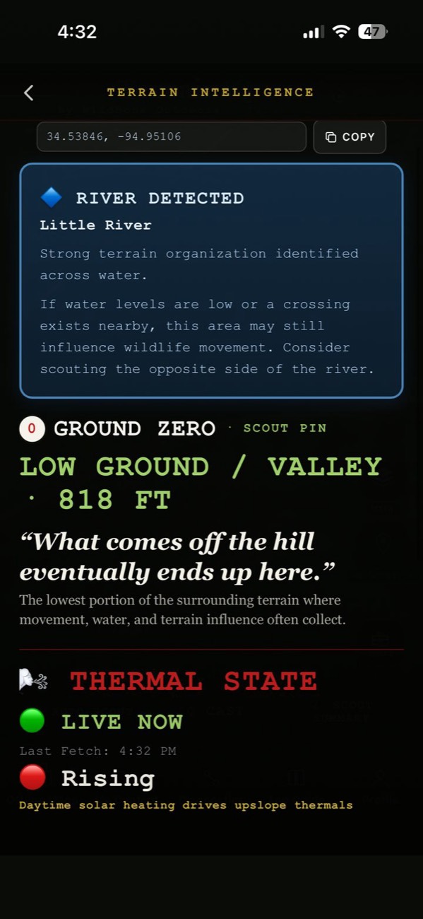 River detected: Little River. Low ground / valley at 818 feet, thermals live and rising